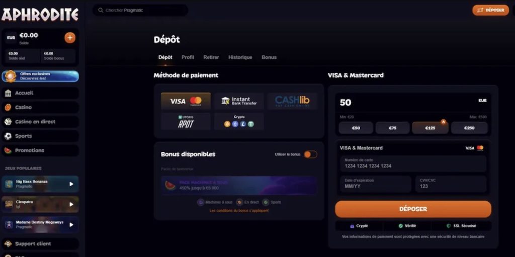Moyen de paiement sur Aphrodite Casino